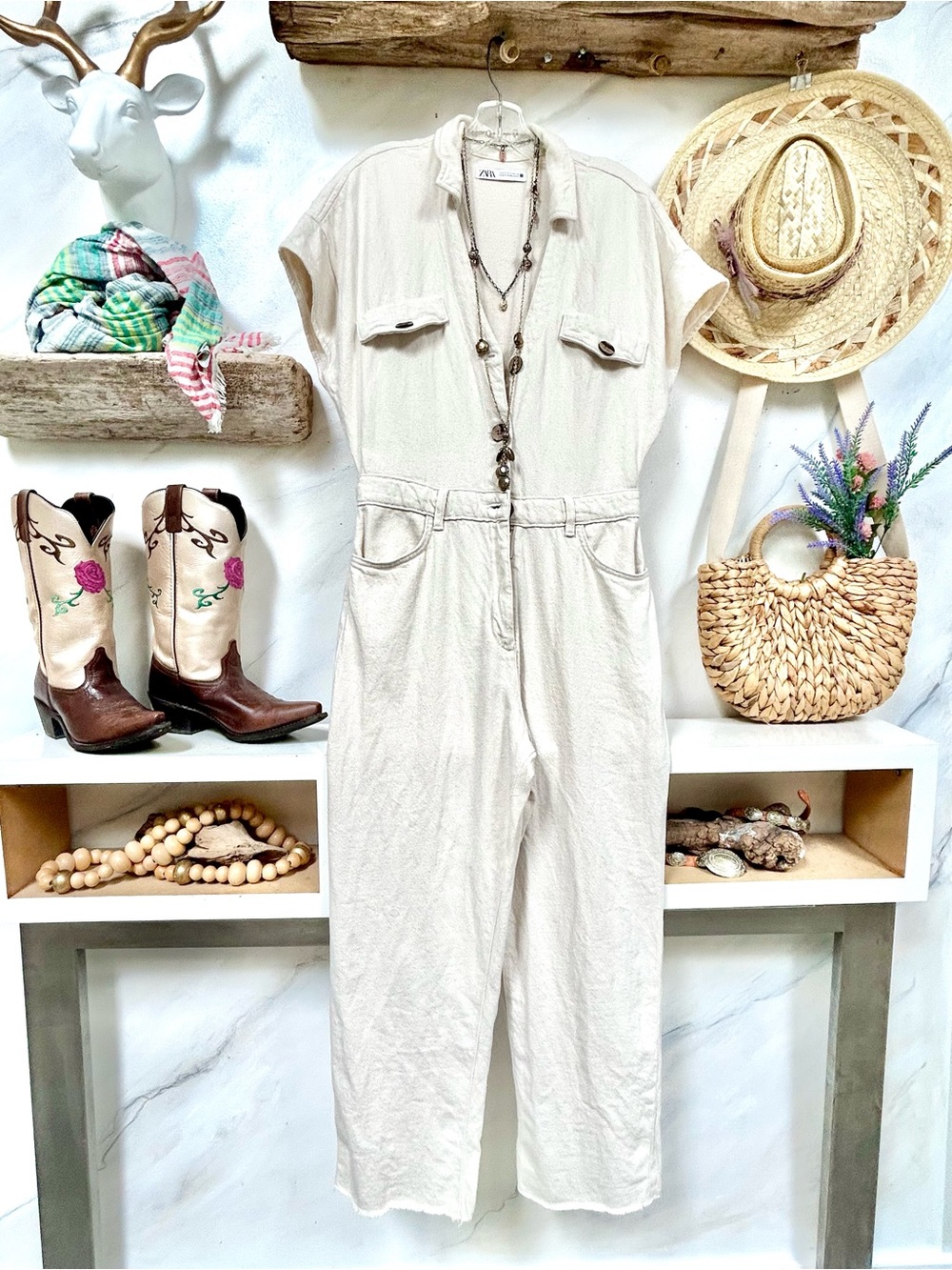 ZARA denim boho utility denim jumpsuit w resort vacay western country vibe